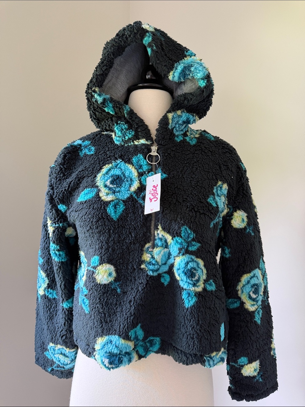 Justice Girls Black & Blue Floral Sherpa Crop Pullover Hoodie NWT Size 12